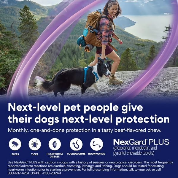 A lifestyle-focused ad for a pet parasite preventative featuring a hiker and their dog, highlighting health benefits with clear icons and concise messaging.